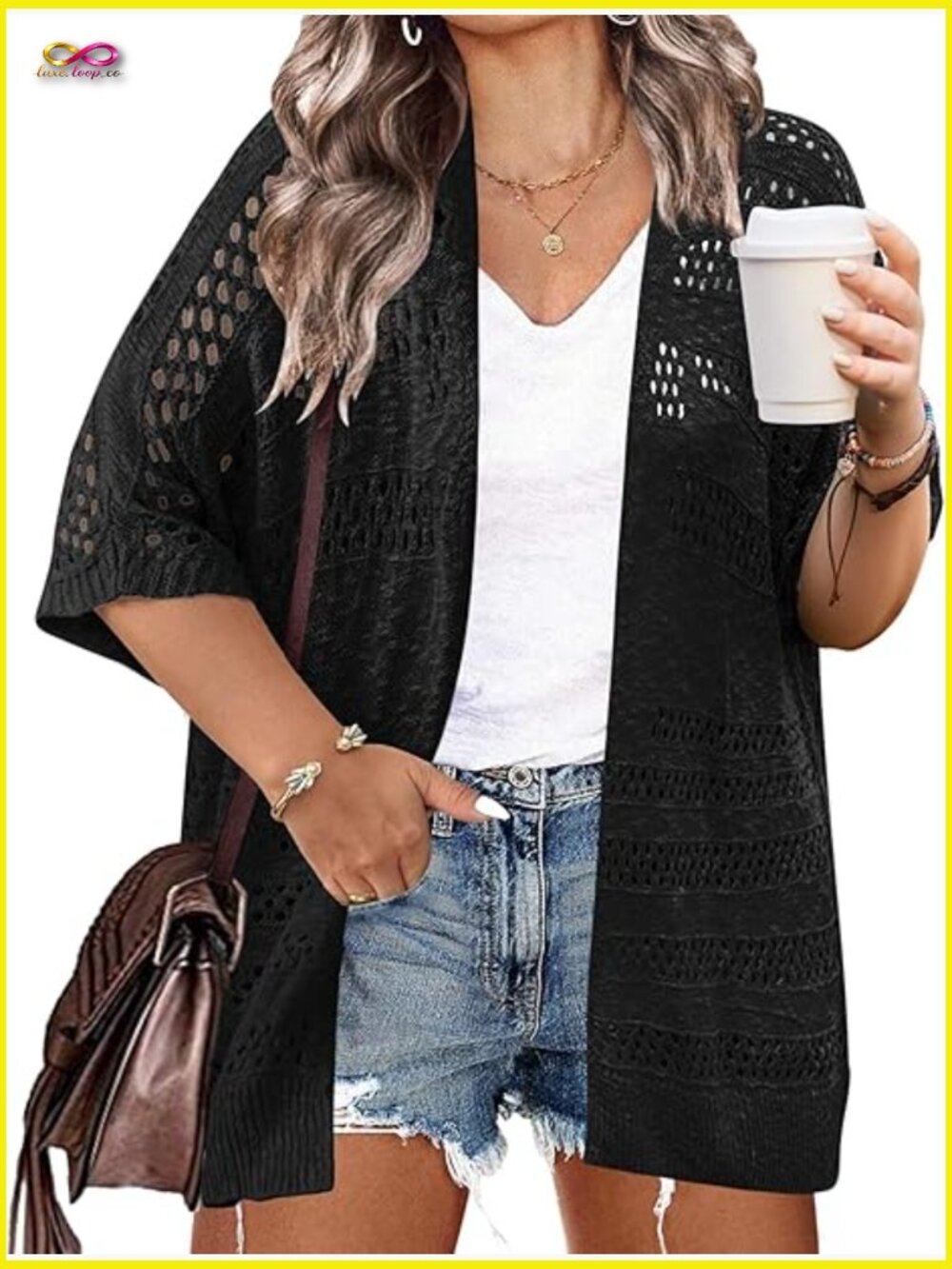 Lightweight Crochet Cardigan Open Front Boho Kimono Summer Beach Cover Up Knit